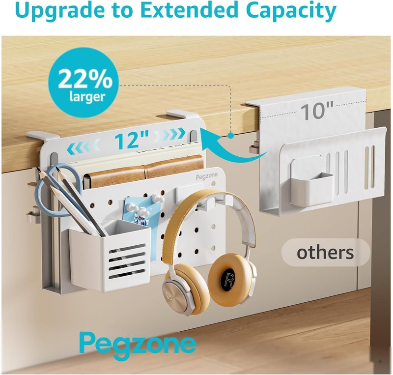 PEGZONE Desk Side Storage Organizer, No Drill Under Desk Laptop Holder, Clamp on Desks Shelf with Pegboard Accessories, Hanging Laptop Mount, Fits Flat Edge 0.4" to 2.2", White - Image 2